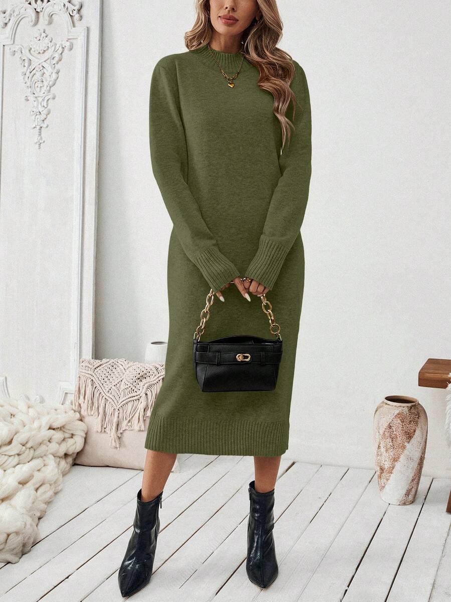 Budapest Mock Neck Raglan Sleeve Knit Midi Sweater Dress