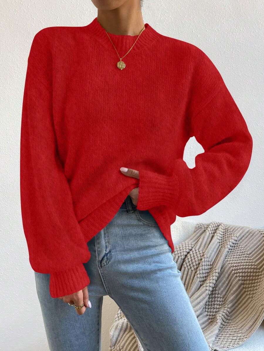 Viola Relaxed Mock Neck Sweater with Drop Shoulders - Red