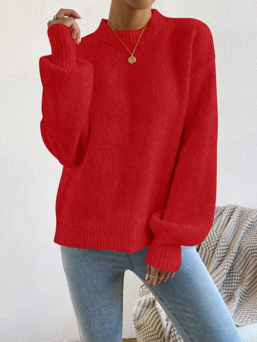 Viola Relaxed Mock Neck Sweater with Drop Shoulders - Red