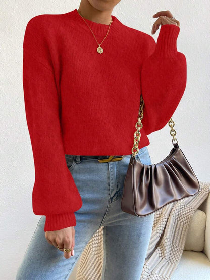 Viola Relaxed Mock Neck Sweater with Drop Shoulders - Red
