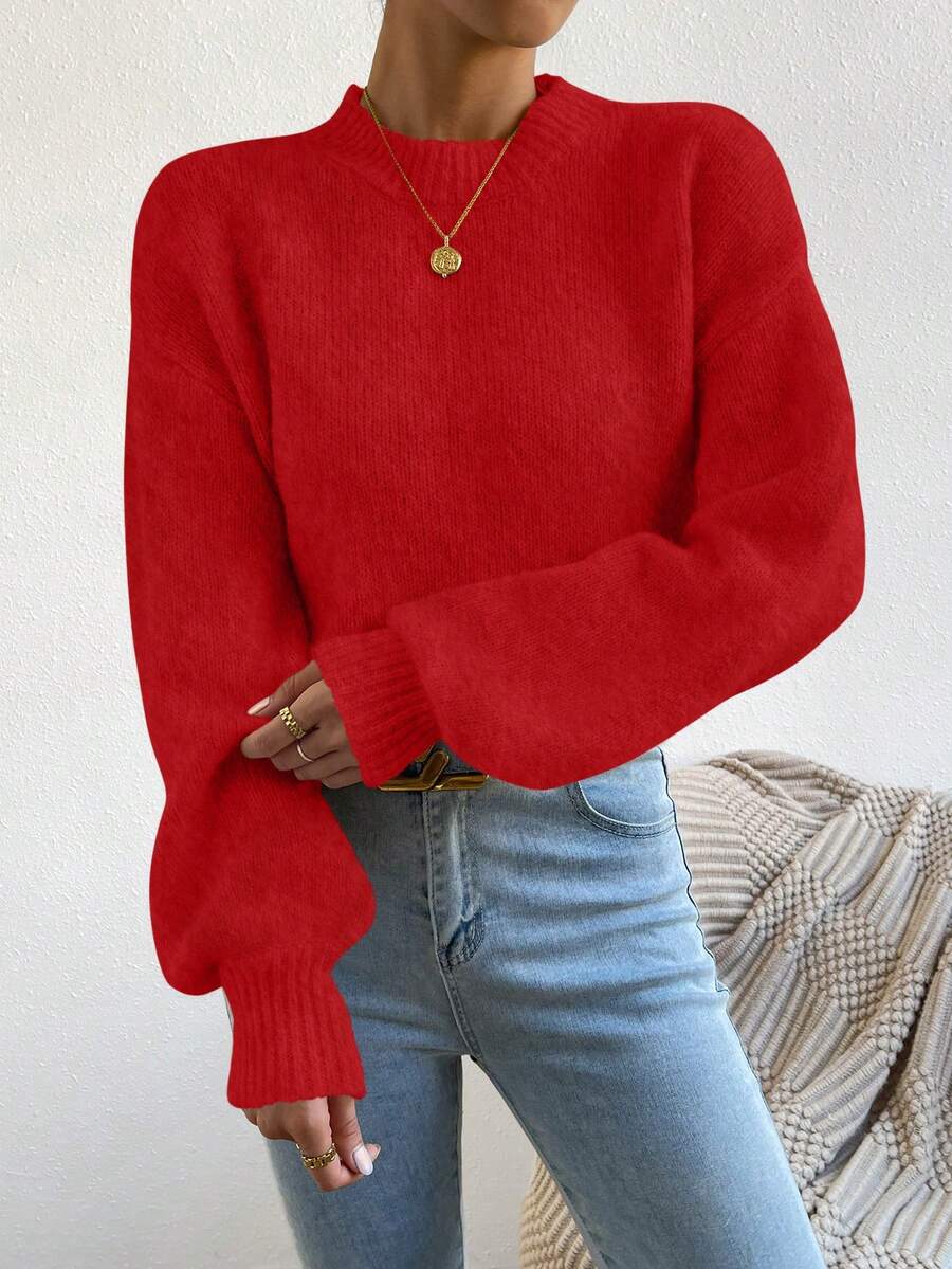 Viola Relaxed Mock Neck Sweater with Drop Shoulders - Red