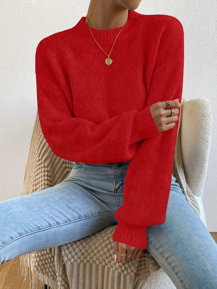 Viola Relaxed Mock Neck Sweater with Drop Shoulders - Red