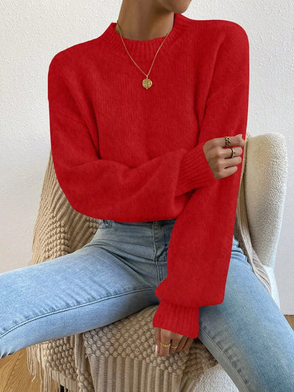 Viola Relaxed Mock Neck Sweater with Drop Shoulders - Red