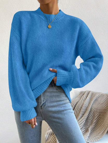 Viola Relaxed Mock Neck Sweater with Drop Shoulders - Azure Blue