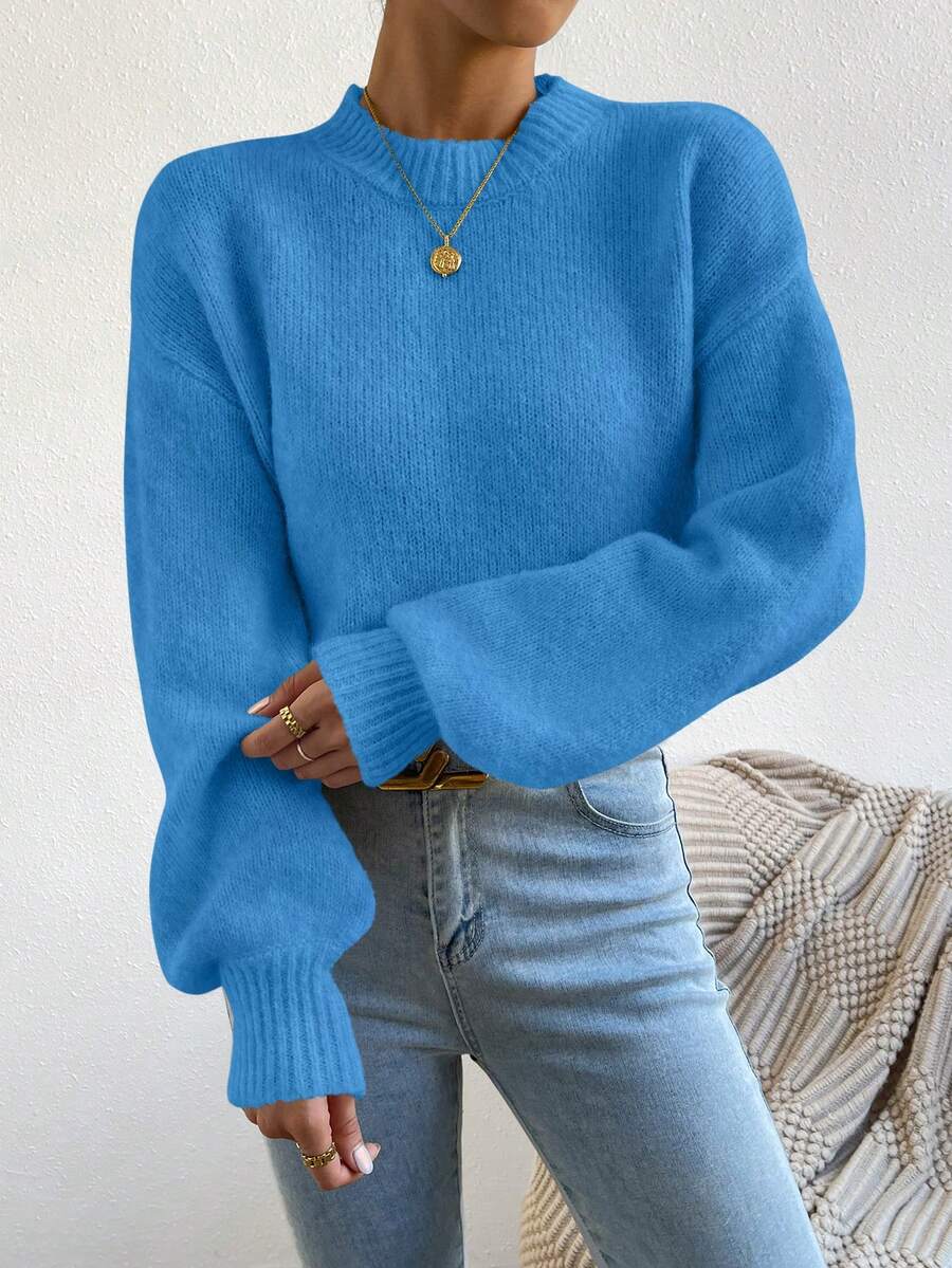 Viola Relaxed Mock Neck Sweater with Drop Shoulders - Azure Blue