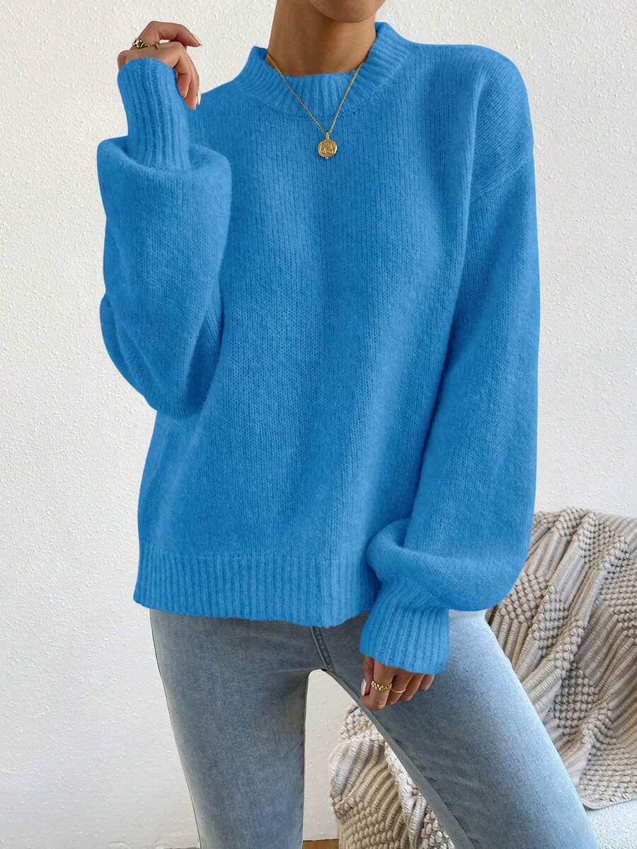 Viola Relaxed Mock Neck Sweater with Drop Shoulders - Azure Blue