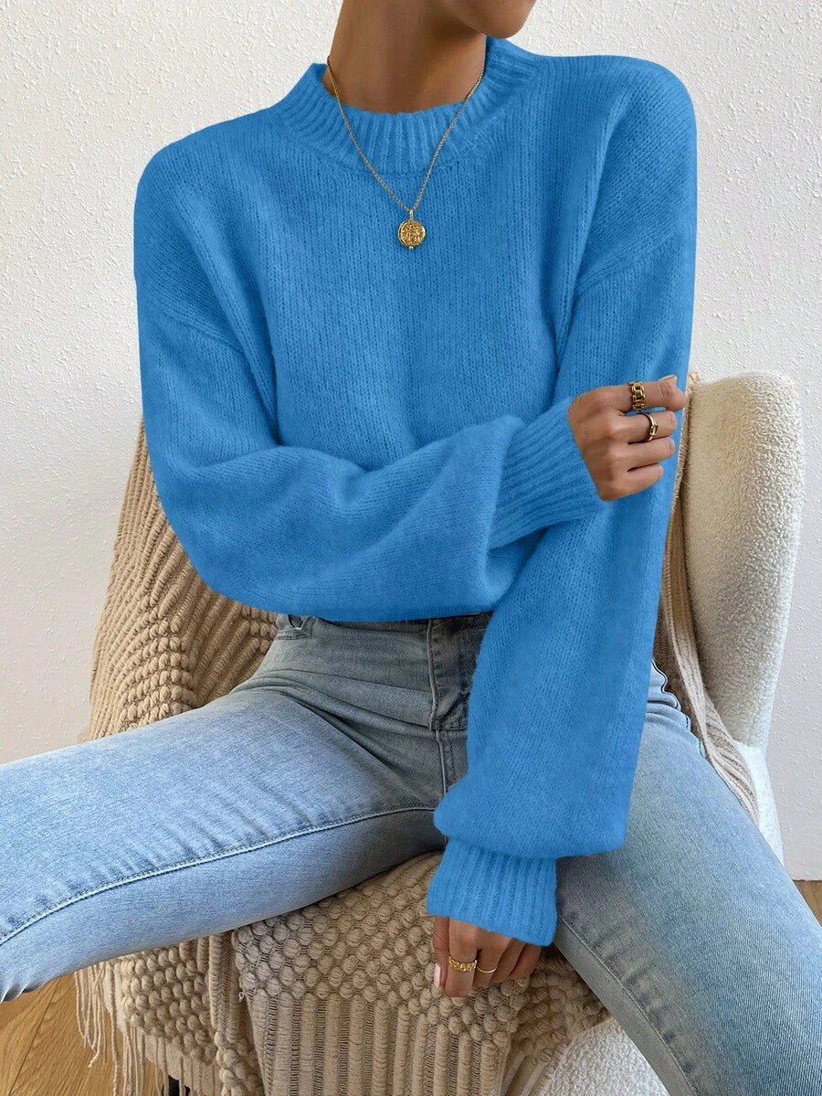 Viola Relaxed Mock Neck Sweater with Drop Shoulders - Azure Blue