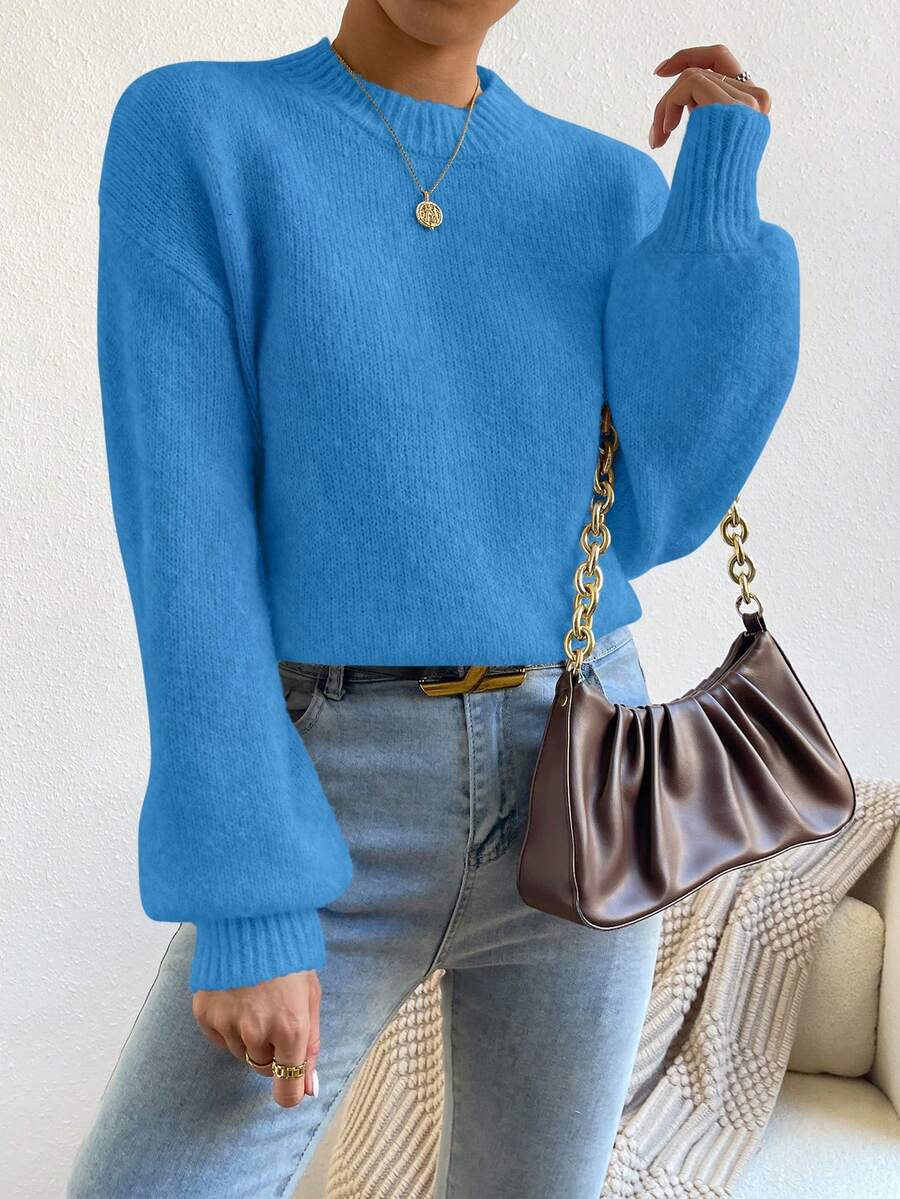 Viola Relaxed Mock Neck Sweater with Drop Shoulders - Azure Blue