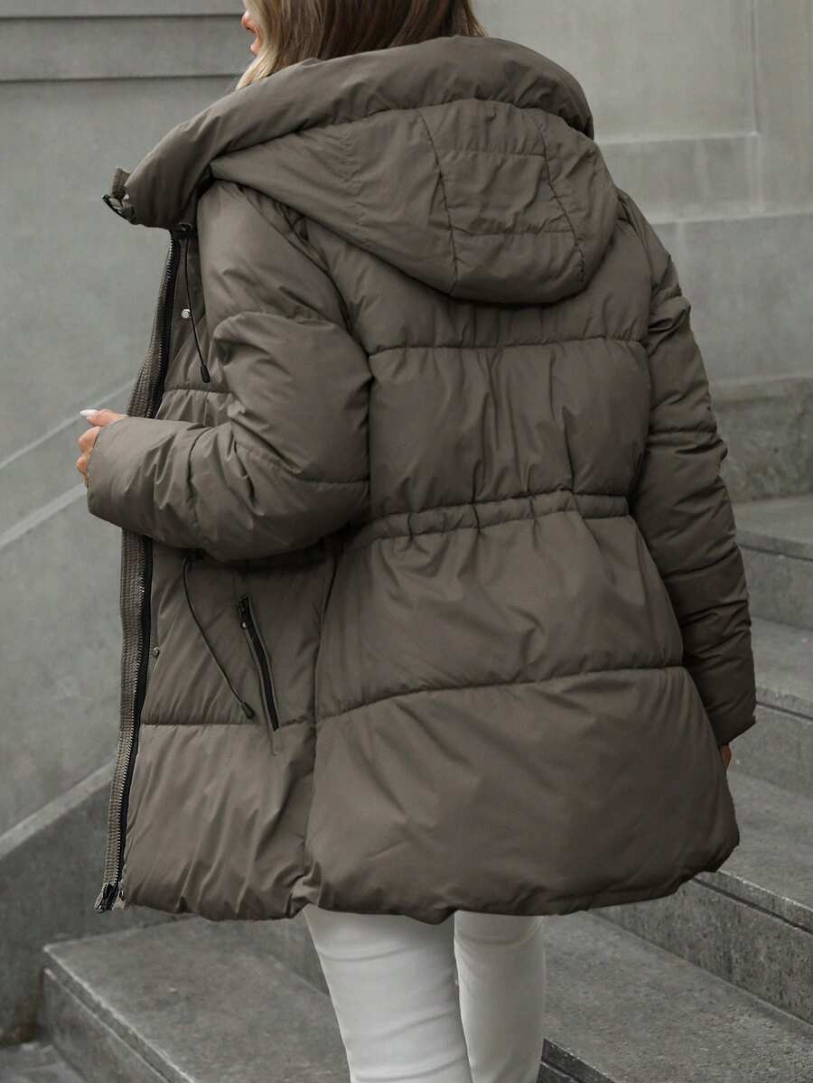 Anouk Quilted Mid Length Puffer Coat with Hood and Cinched Waist - Taupe