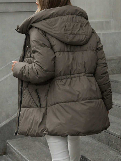 Anouk Quilted Mid Length Puffer Coat with Hood and Cinched Waist - Taupe