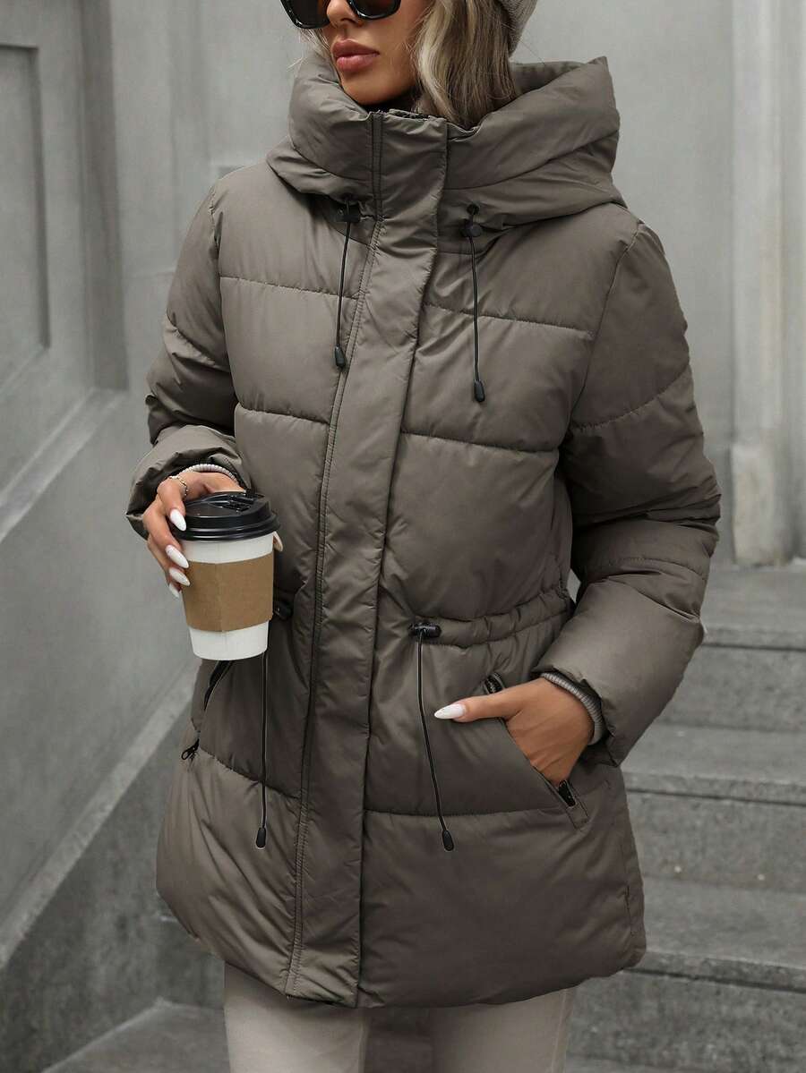 Anouk Quilted Mid Length Puffer Coat with Hood and Cinched Waist - Taupe