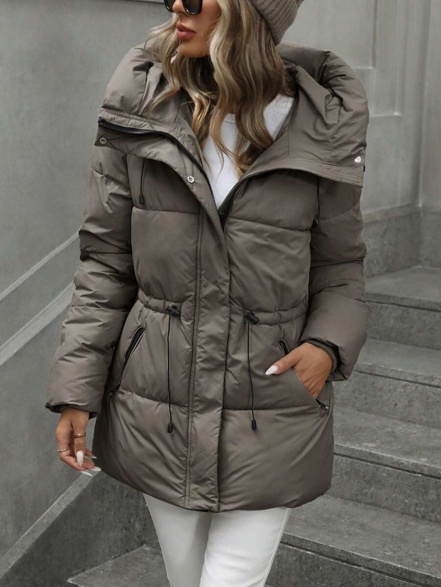 Anouk Quilted Mid Length Puffer Coat with Hood and Cinched Waist - Taupe