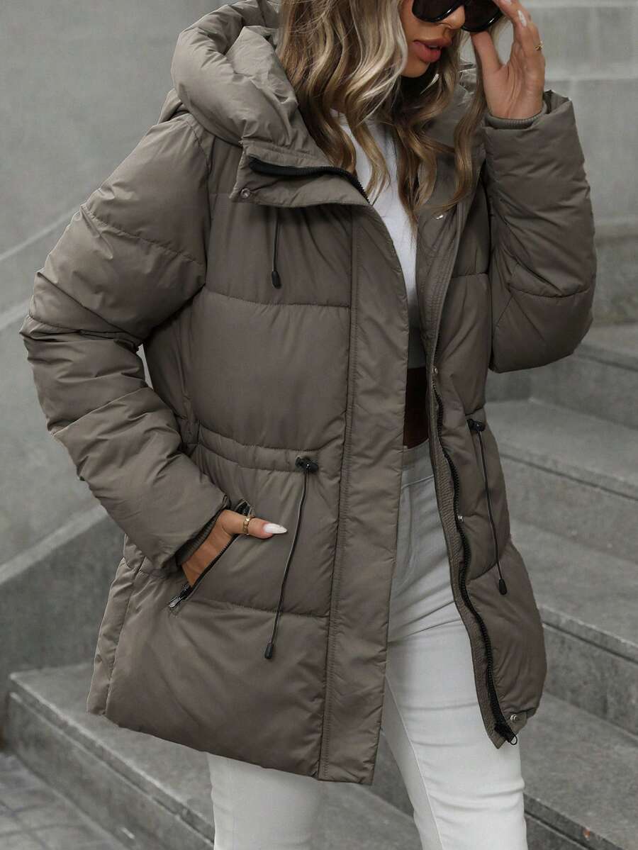 Anouk Quilted Mid Length Puffer Coat with Hood and Cinched Waist - Taupe