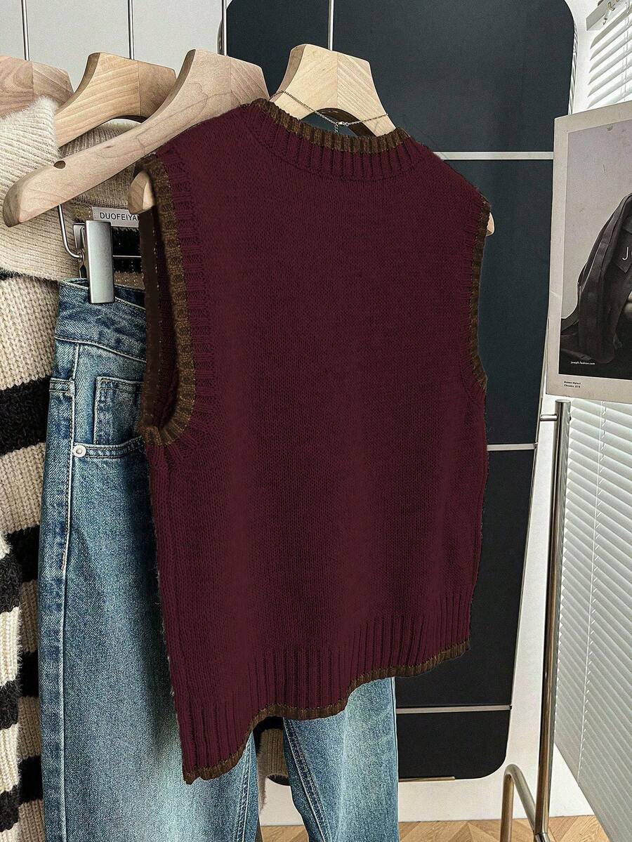 Beatrice Contrast Trim Sleeveless Knit Sweater Vest - Burgundy with Brown Trim