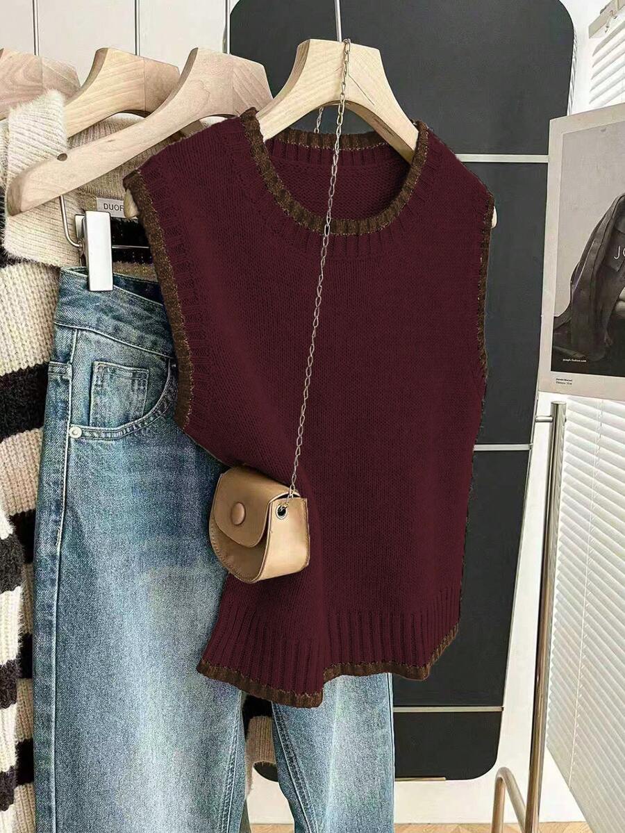 Beatrice Contrast Trim Sleeveless Knit Sweater Vest - Burgundy with Brown Trim