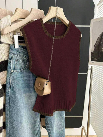 Beatrice Contrast Trim Sleeveless Knit Sweater Vest - Burgundy with Brown Trim