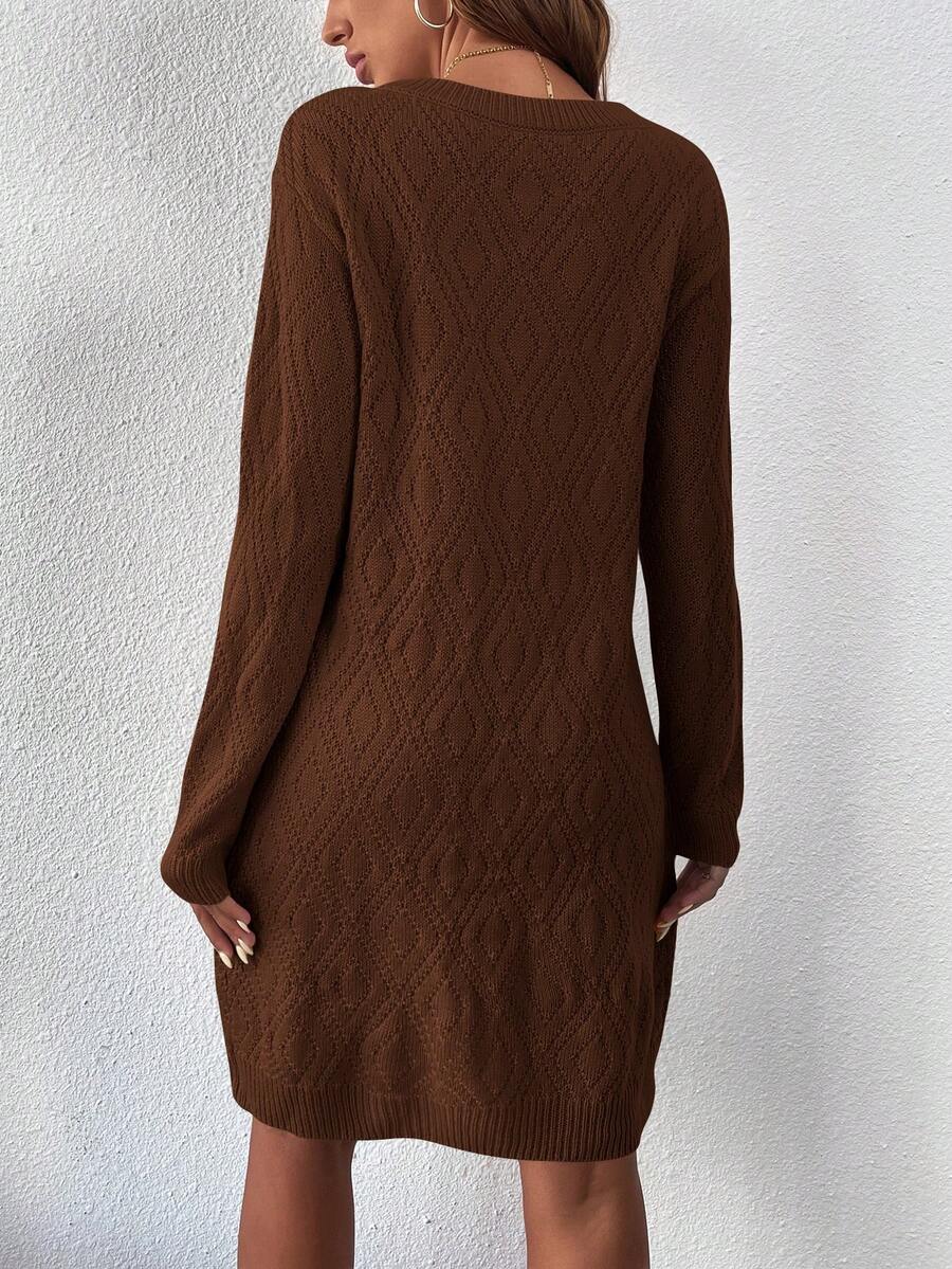 Women's Drop Shoulder Knit Sweater Dress, Relaxed Long Sleeve Dress for Fall Winter - Coffee Brown