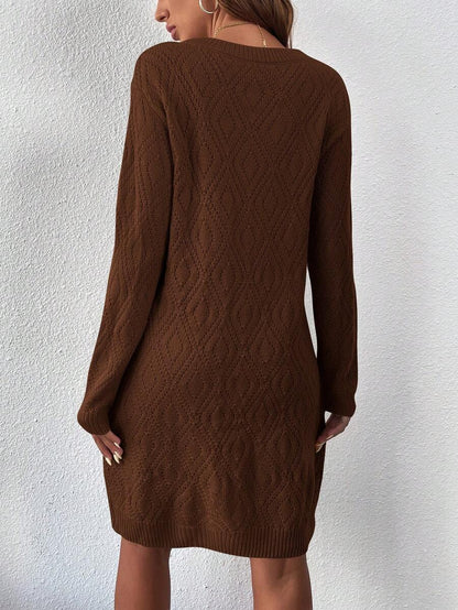 Women's Drop Shoulder Knit Sweater Dress, Relaxed Long Sleeve Dress for Fall Winter - Coffee Brown