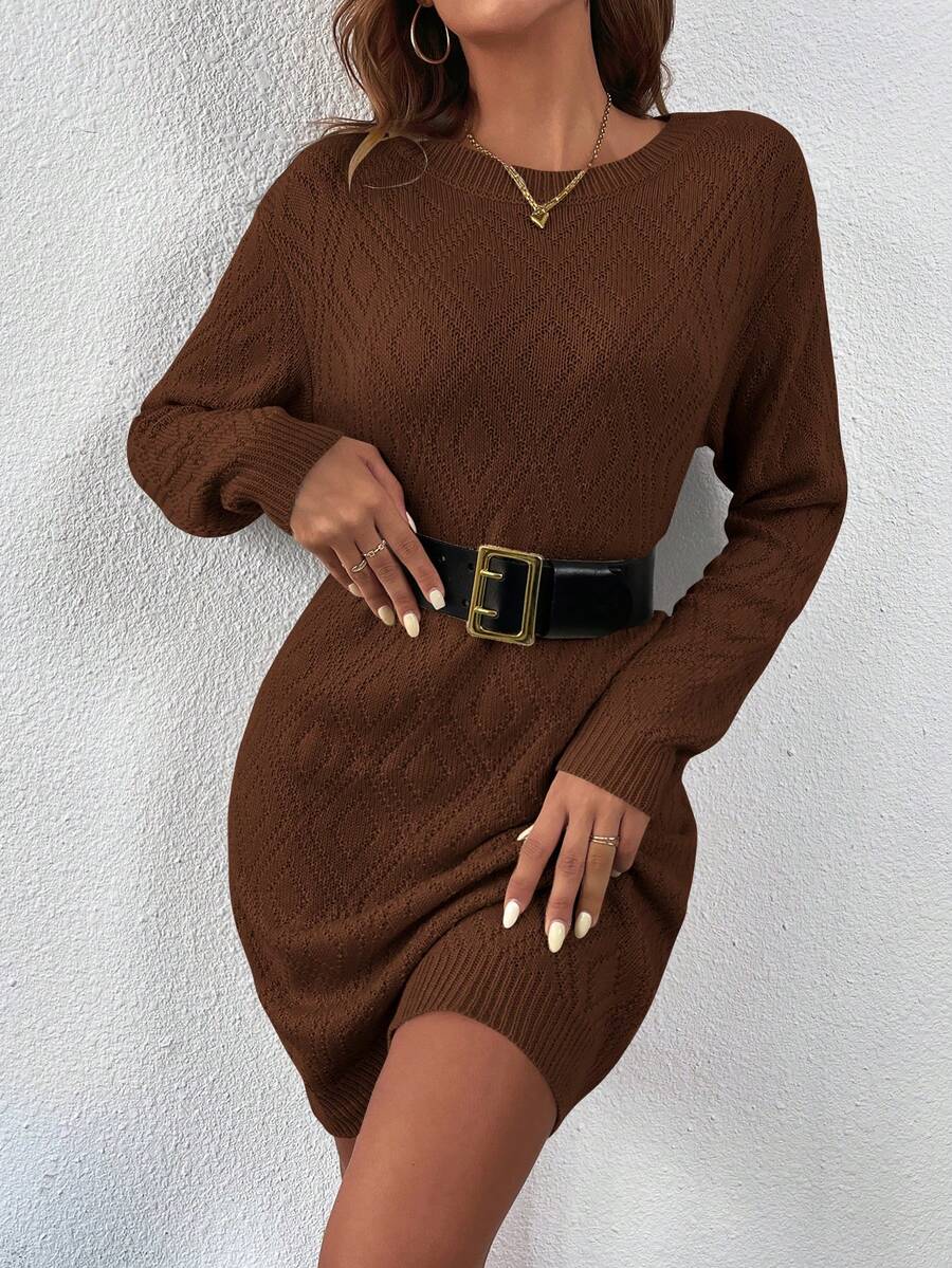 Women's Drop Shoulder Knit Sweater Dress, Relaxed Long Sleeve Dress for Fall Winter - Chocolate Brown