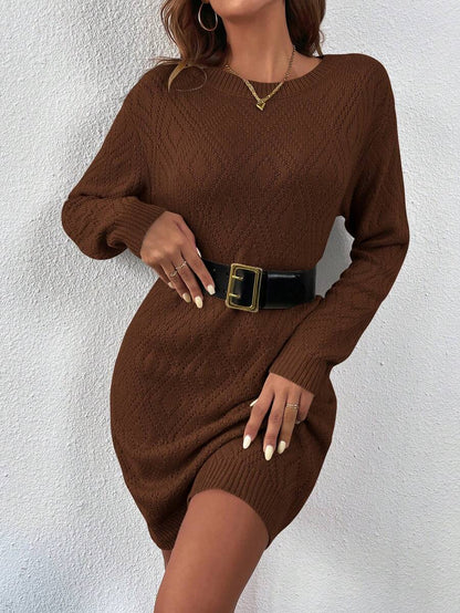 Women's Drop Shoulder Knit Sweater Dress, Relaxed Long Sleeve Dress for Fall Winter - Chocolate Brown