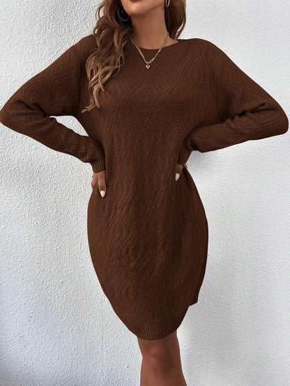 Women's Drop Shoulder Knit Sweater Dress, Relaxed Long Sleeve Dress for Fall Winter - Apricot
