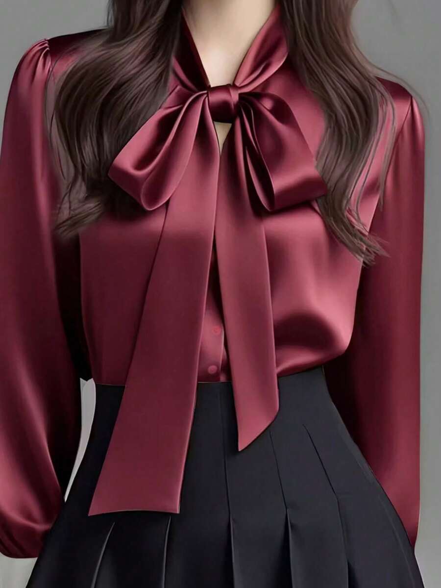 Versailles Satin Bow Tie Neck Long Sleeve Blouse - Burgundy