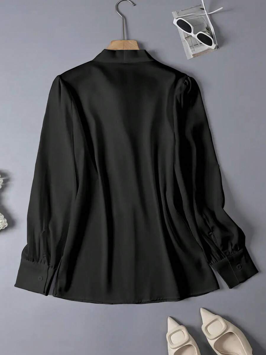 Versailles Satin Bow Tie Neck Long Sleeve Blouse