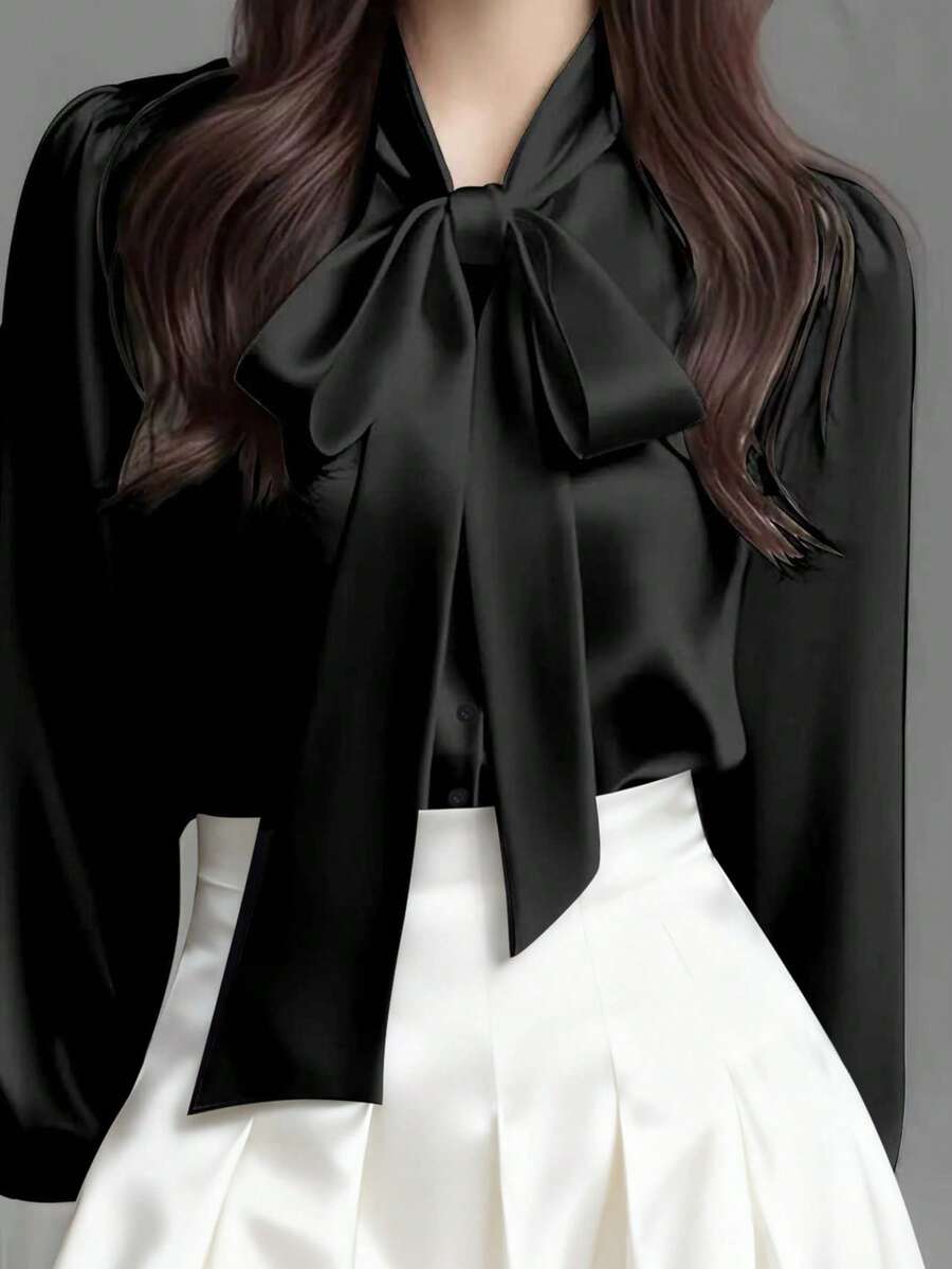 Versailles Satin Bow Tie Neck Long Sleeve Blouse - Black