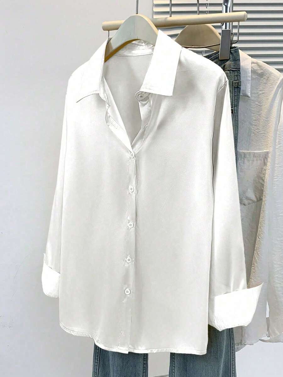 Women's Satin Button Down Shirt, Collared Long Sleeve Silky Blouse for Work and Evening - Black