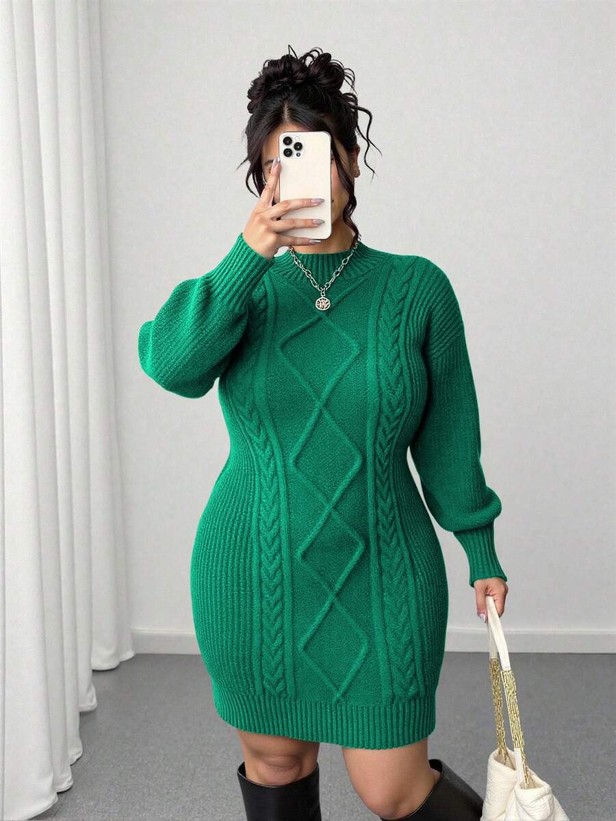 Adele Cable Knit Mock Neck Long Sleeve Mini Sweater Dress - Green