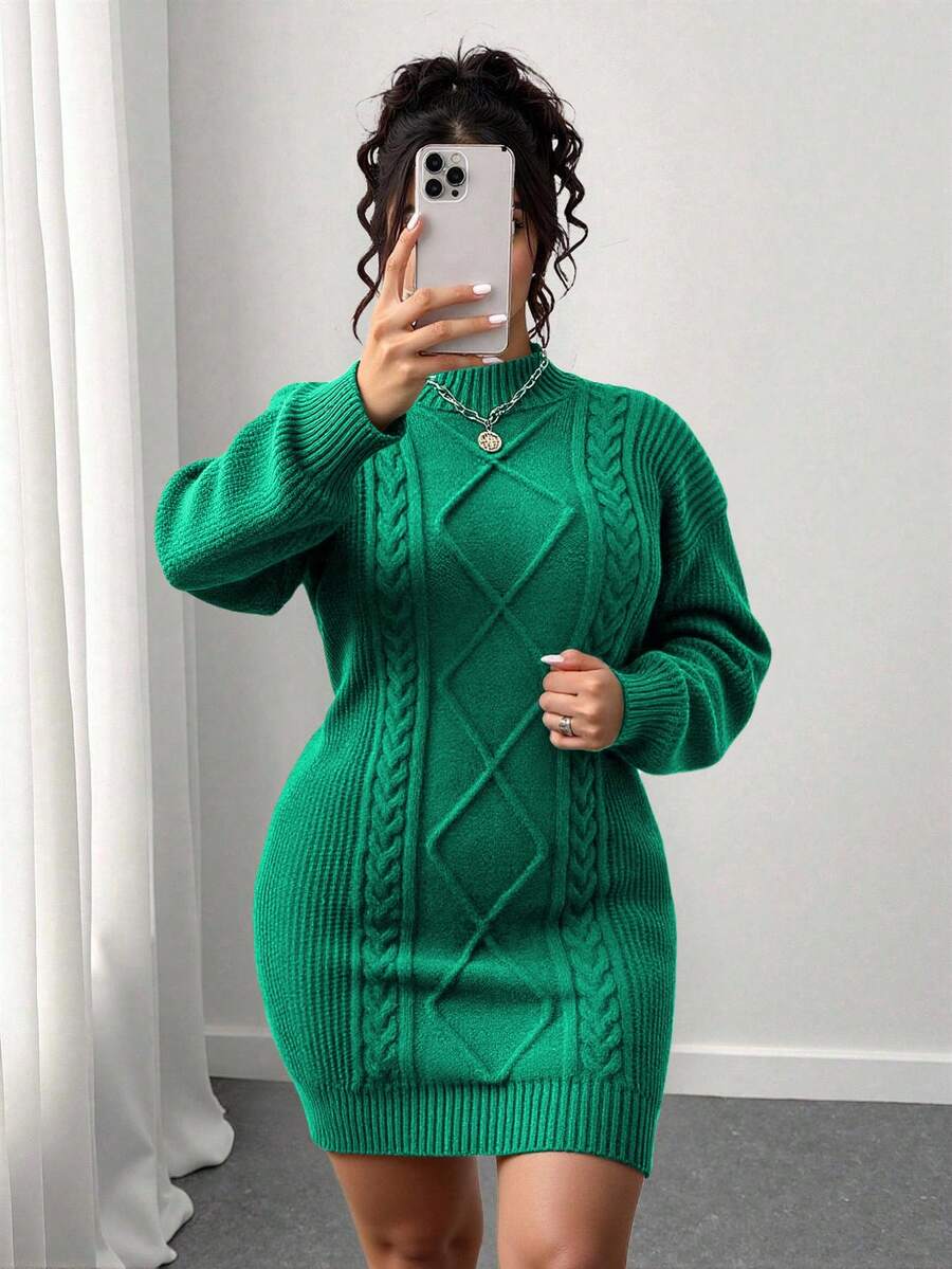 Adele Cable Knit Mock Neck Long Sleeve Mini Sweater Dress - Green