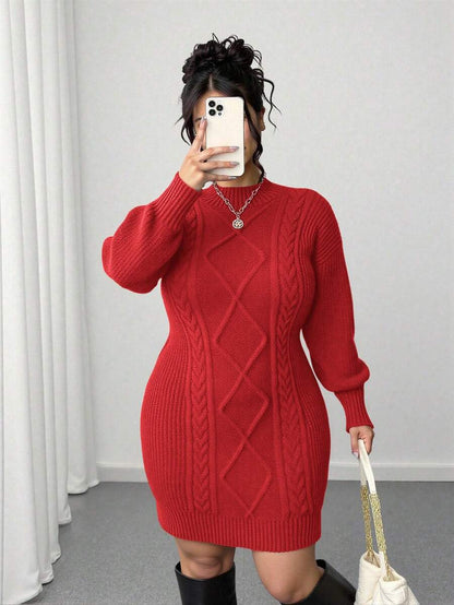 Adele Cable Knit Mock Neck Long Sleeve Mini Sweater Dress - Red