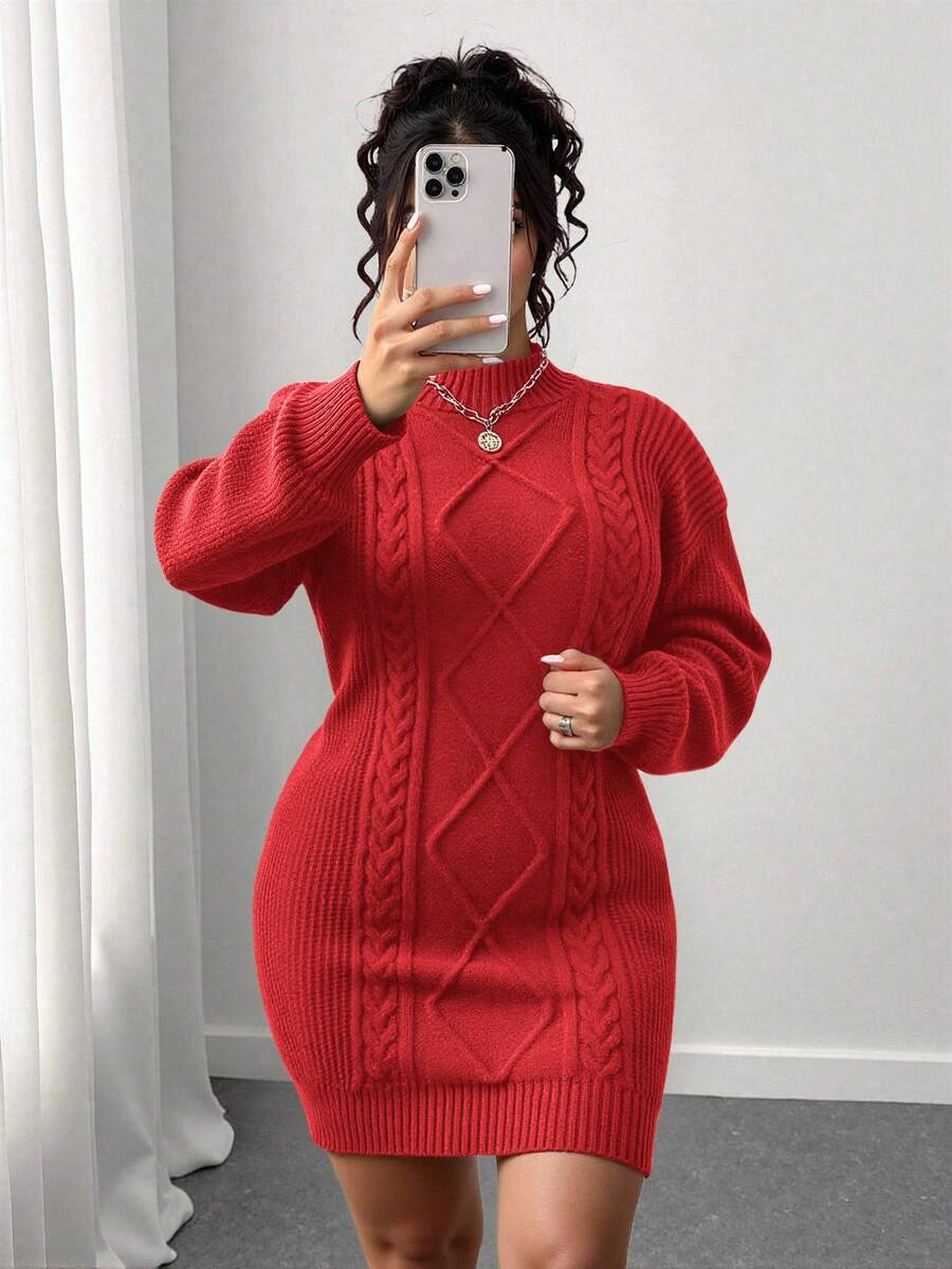 Adele Cable Knit Mock Neck Long Sleeve Mini Sweater Dress - Red