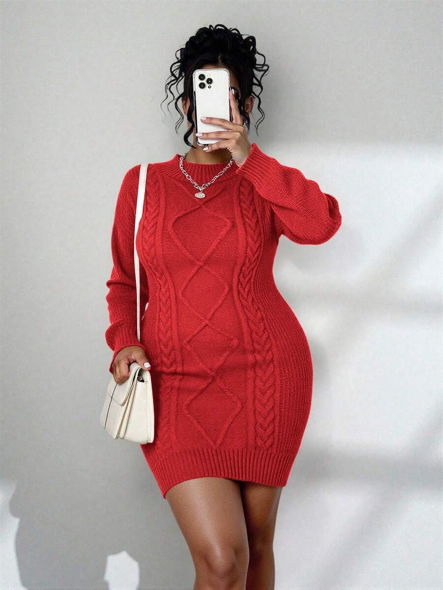 Adele Cable Knit Mock Neck Long Sleeve Mini Sweater Dress - Red