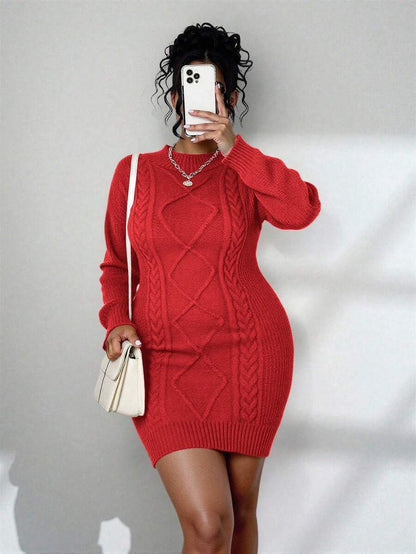 Adele Cable Knit Mock Neck Long Sleeve Mini Sweater Dress - Red