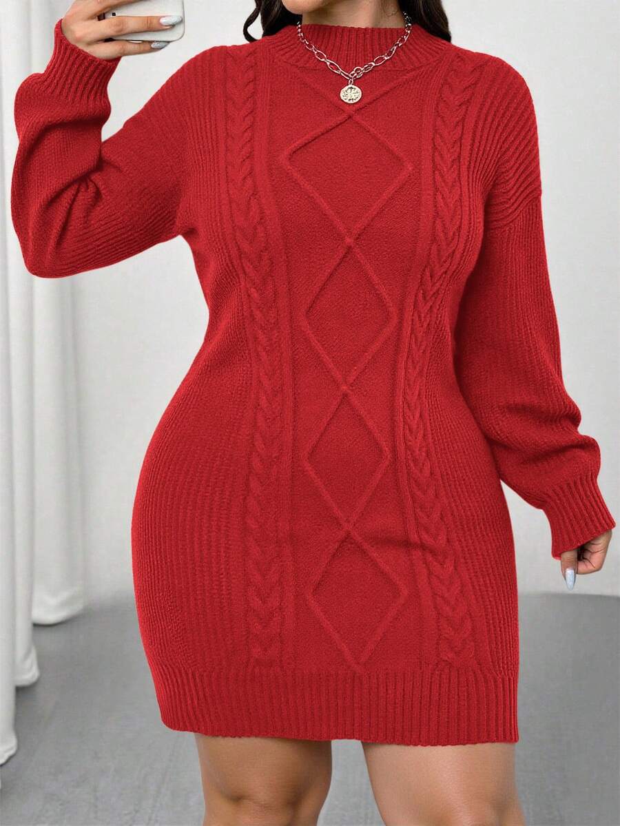 Adele Cable Knit Mock Neck Long Sleeve Mini Sweater Dress - Red