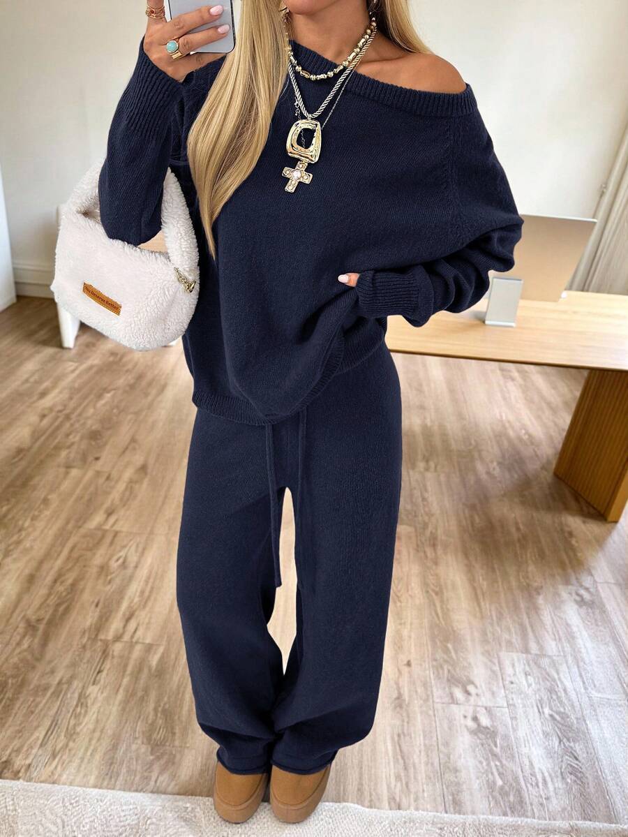 Valentina Off-Shoulder Knit Sweater and Wide Leg Pants Set - Navy Blue