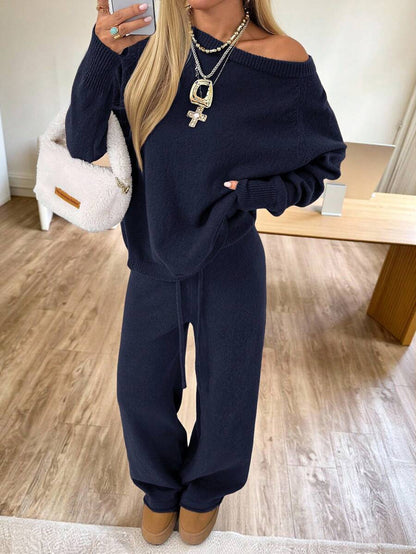 Valentina Off-Shoulder Knit Sweater and Wide Leg Pants Set - Navy Blue