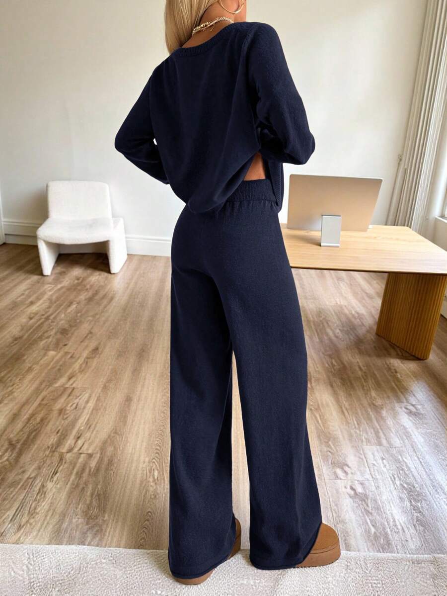 Valentina Off-Shoulder Knit Sweater and Wide Leg Pants Set - Navy Blue