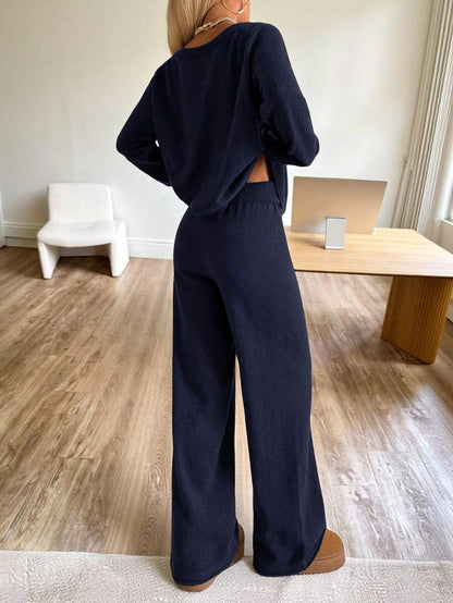 Valentina Off-Shoulder Knit Sweater and Wide Leg Pants Set - Navy Blue