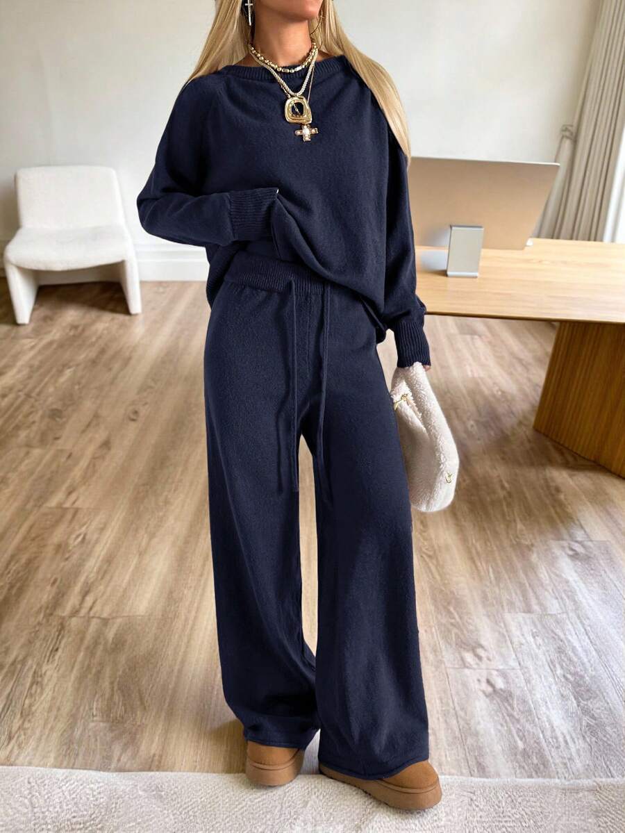 Valentina Off-Shoulder Knit Sweater and Wide Leg Pants Set - Navy Blue