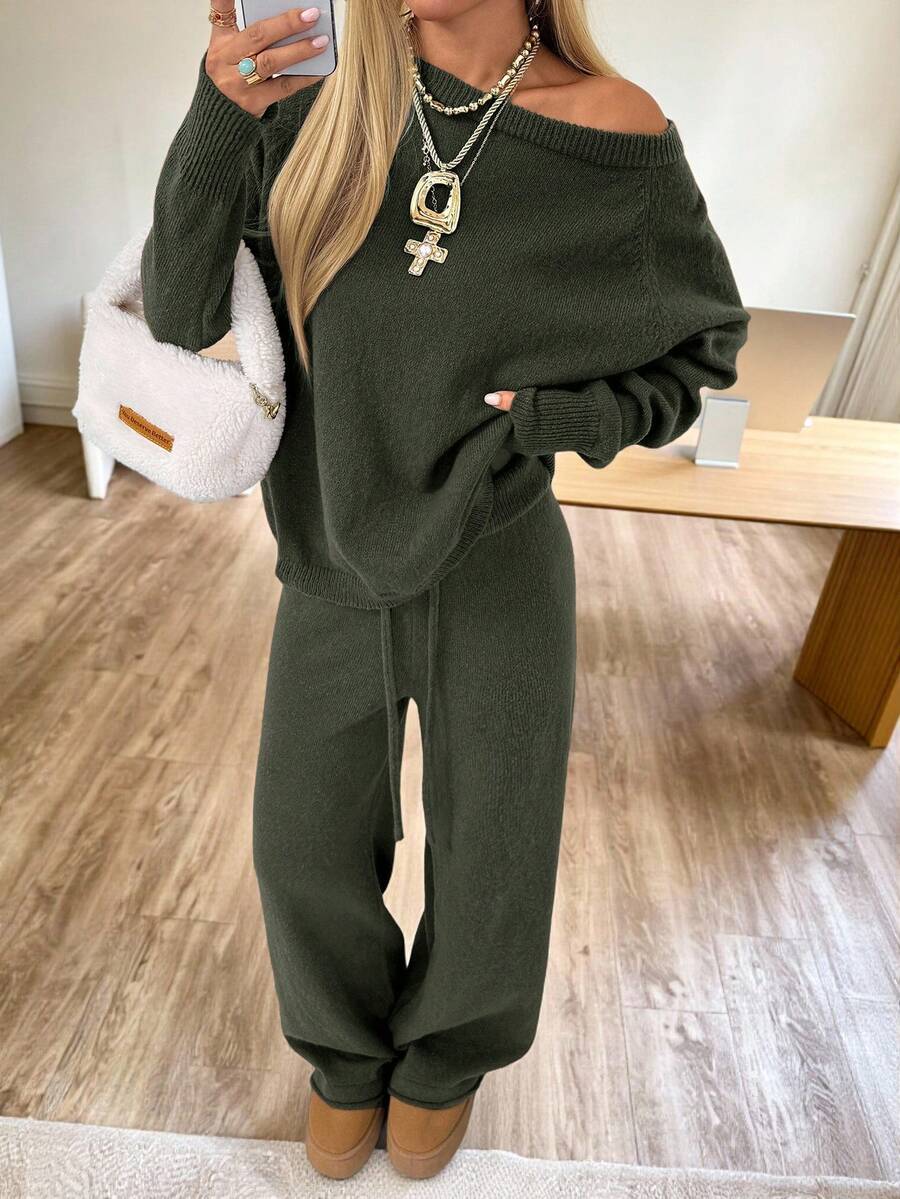 Valentina Off-Shoulder Knit Sweater and Wide Leg Pants Set - Olive Green