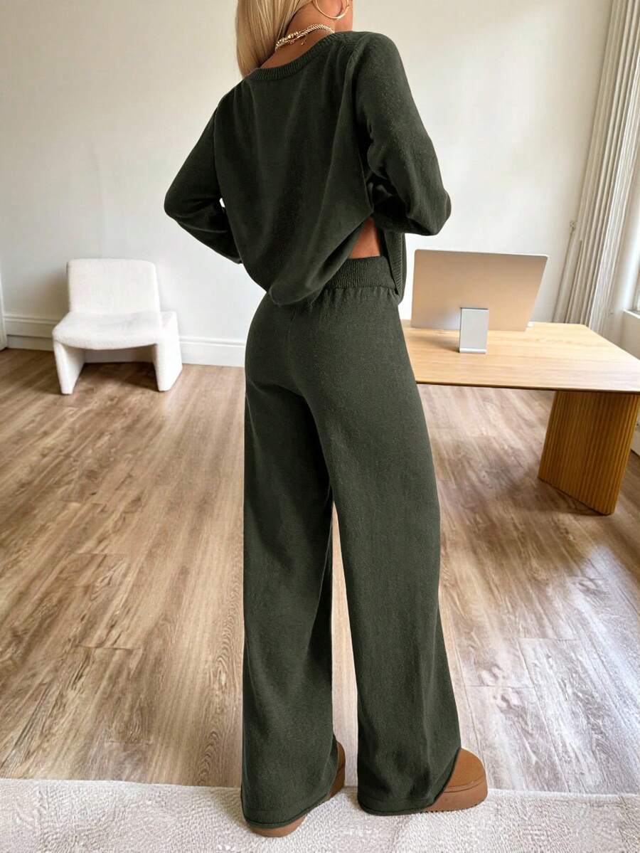 Valentina Off-Shoulder Knit Sweater and Wide Leg Pants Set - Olive Green