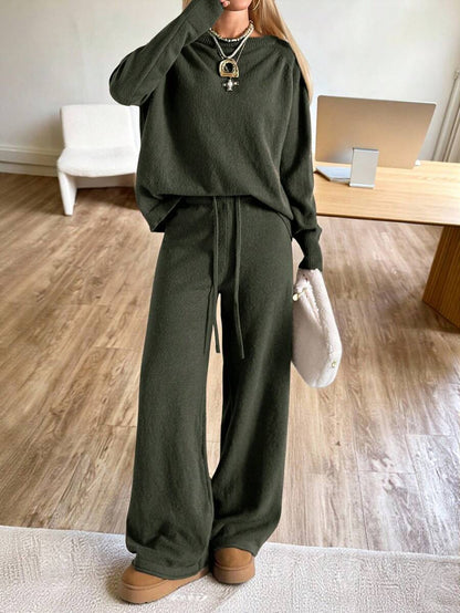 Valentina Off-Shoulder Knit Sweater and Wide Leg Pants Set - Olive Green