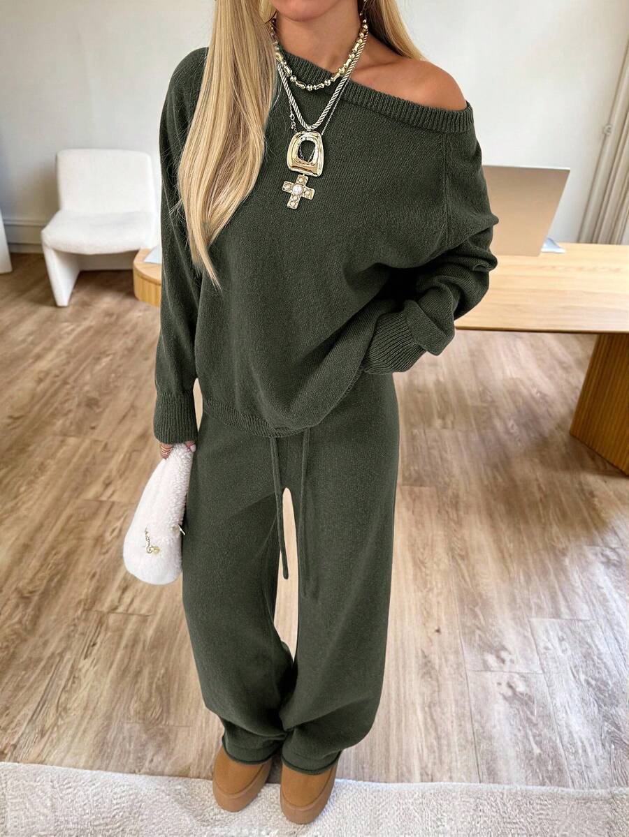 Valentina Off-Shoulder Knit Sweater and Wide Leg Pants Set - Olive Green