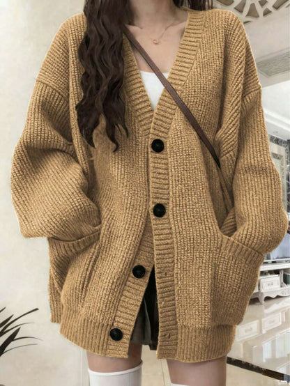Bettina Oversized Chunky Cardigan with V Neck and Pockets - Camel