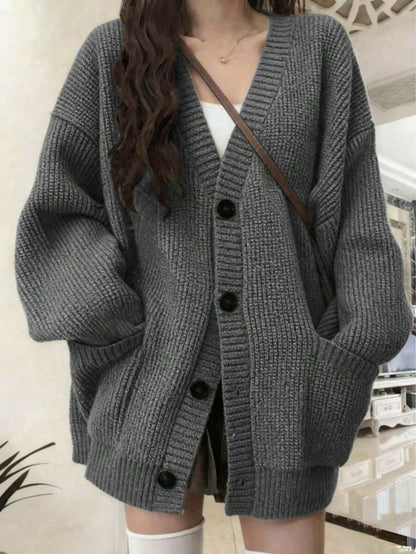Bettina Oversized Chunky Cardigan with V Neck and Pockets - Charcoal Grey