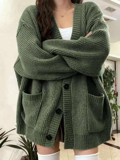 Bettina Oversized Chunky Cardigan with V Neck and Pockets - Olive