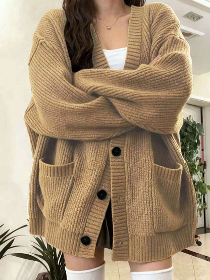 Bettina Oversized Chunky Cardigan with V Neck and Pockets - Camel