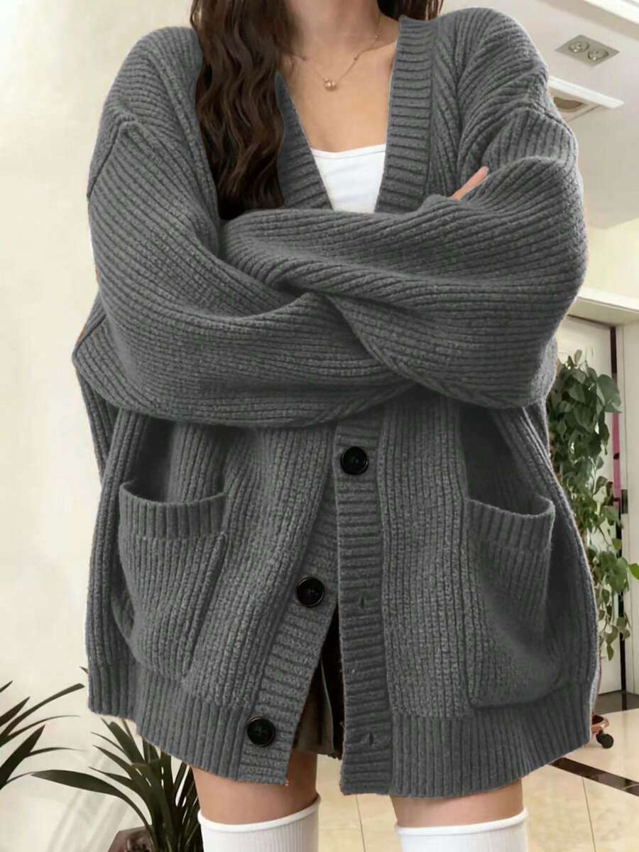 Bettina Oversized Chunky Cardigan with V Neck and Pockets - Charcoal Grey